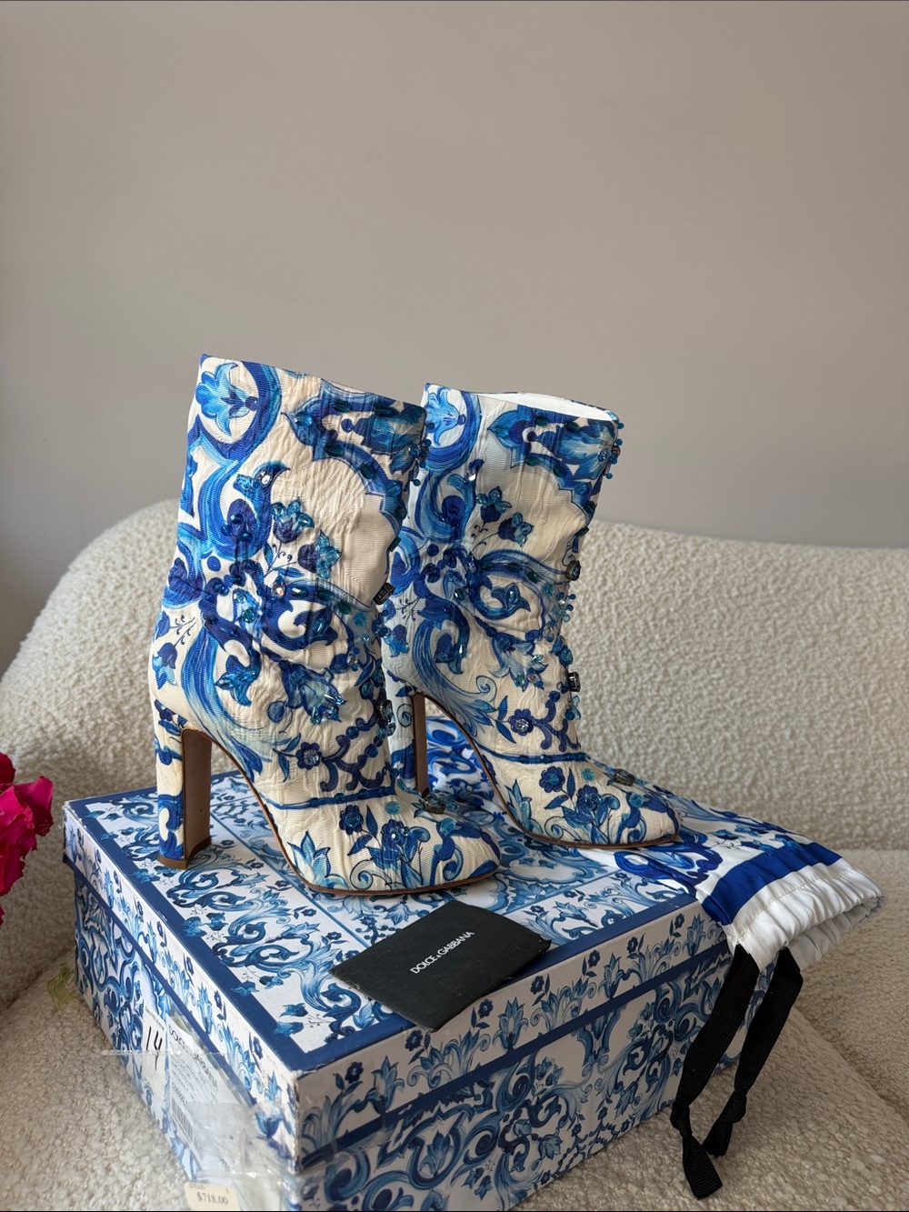 Dolce & Gabbana Blue and White Floral Embroidered Ankle Boots